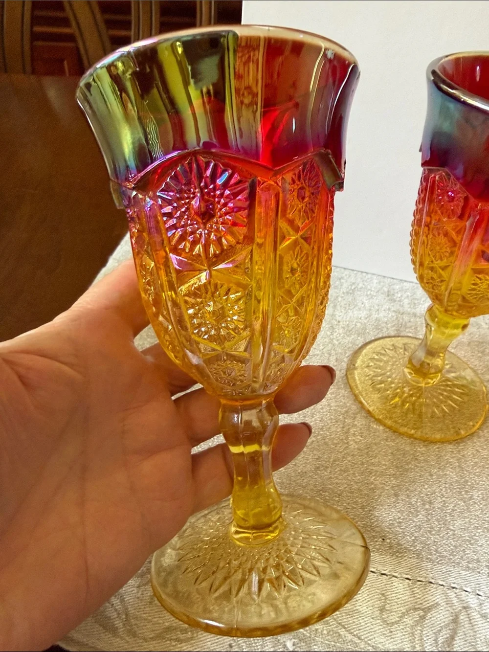 Vintage ca 1970’s Indiana Glass goblets Amberina Sunset red to yellow gradient